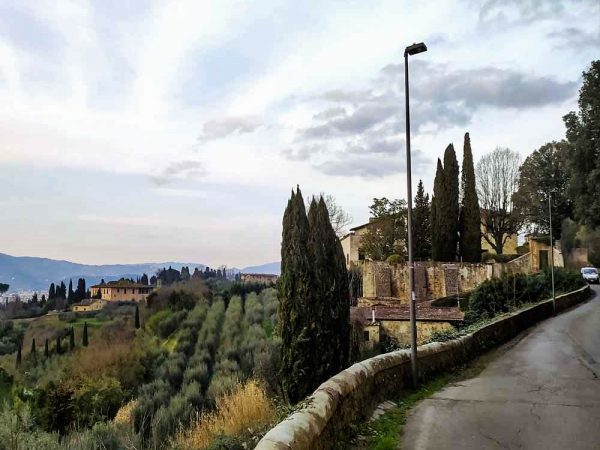 veduta da via san carlo su collina con olivi e casa vicino bellosguardo